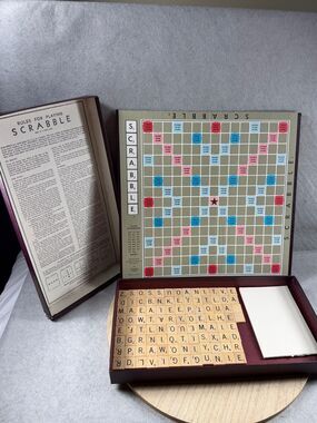 VTG 1953 Scrabble Board Game Wood Letter Tiles Dark Red OG Box & Manual In Lid